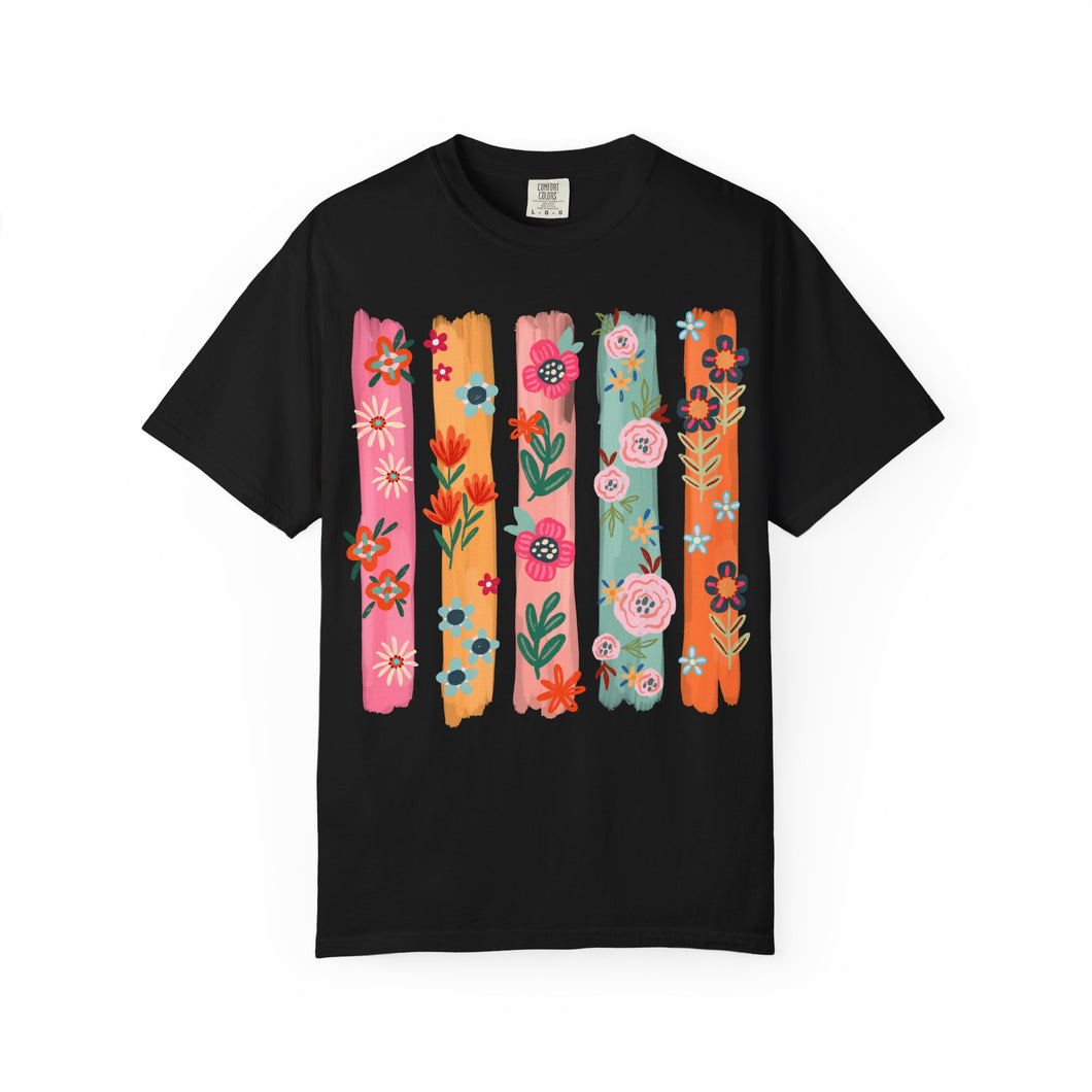 Floral Stripes Shirt | Colorful Wildflower Comfort Colors Tee | Boho Botanical Painted Flower T-Shirt