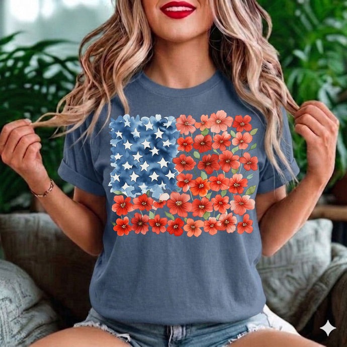 American Flag Floral T-Shirt — Flower USA Flag Tee