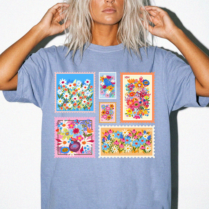 Set of 5 Floral Stamps T-Shirt — Botanical Flower Stamp Graphic Tee