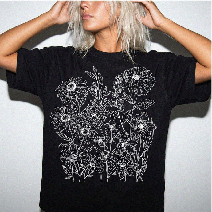 Retro Wildflower Floral T-shirt — 'Flower Tee' Vintage Outline Design