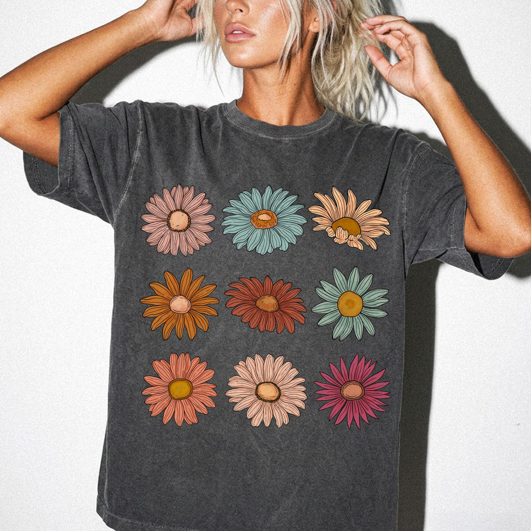 Vintage Daisy Grid Tee - Retro Floral Graphic T-Shirt