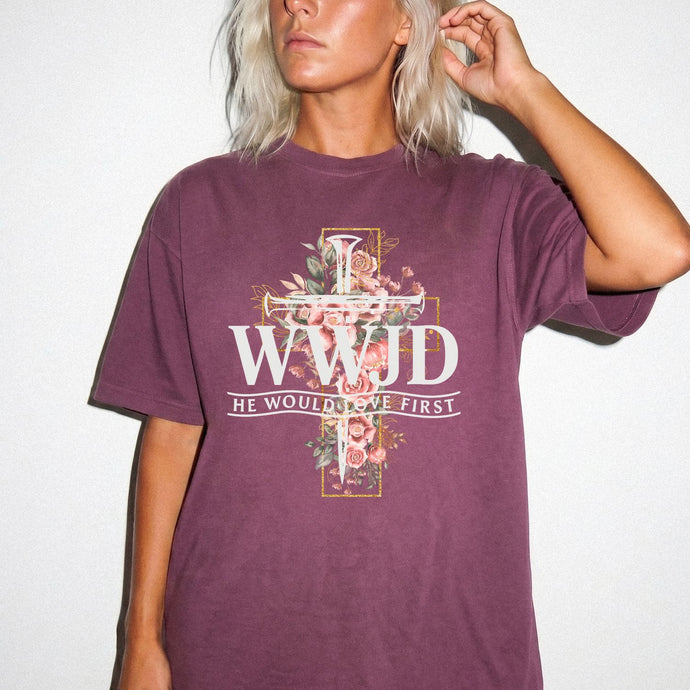 Floral WWJD Cross T-Shirt | Comfort Colors Christian Faith Tee | Boho Wildflower Cross Graphic Shirt