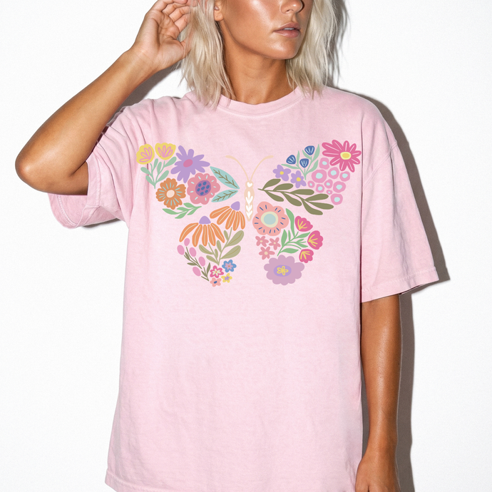 Colorful Floral Butterfly FRONT T-Shirt | Comfort Colors Boho Graphic Tee