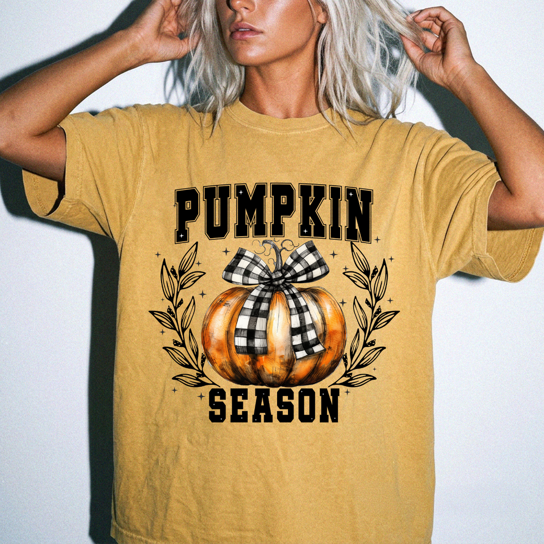 Pumpkin Season Graphic Tee | Buffalo Plaid Bow Comfort Colors Shirt | Vintage Fall Pumpkin Print