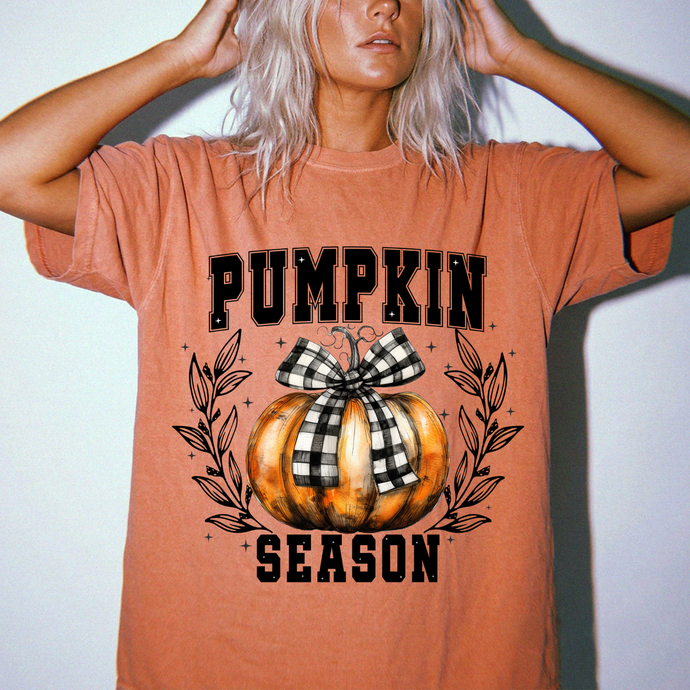 Pumpkin Season Graphic Tee | Buffalo Plaid Bow Comfort Colors Shirt | Vintage Fall Pumpkin Print