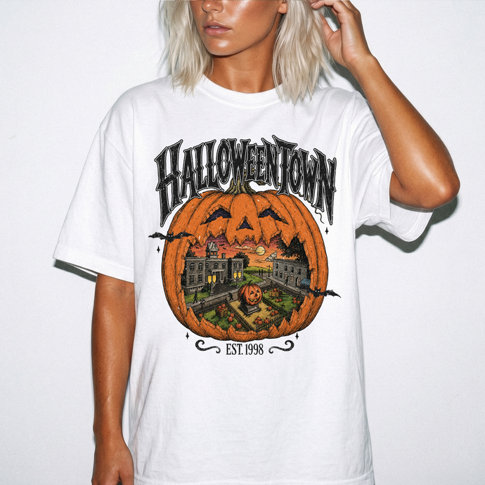 Haunted Pumpkin Town Comfort Colors T-Shirt – Spooky Fall Graphic Te