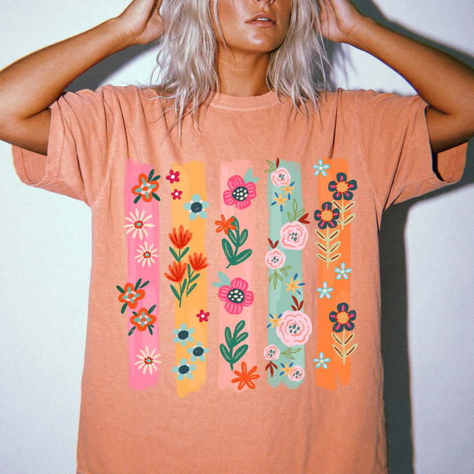 Floral Stripes Shirt | Colorful Wildflower Comfort Colors Tee | Boho Botanical Painted Flower T-Shirt