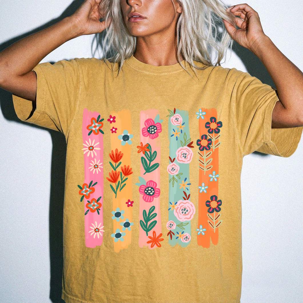 Floral Stripes Shirt | Colorful Wildflower Comfort Colors Tee | Boho Botanical Painted Flower T-Shirt
