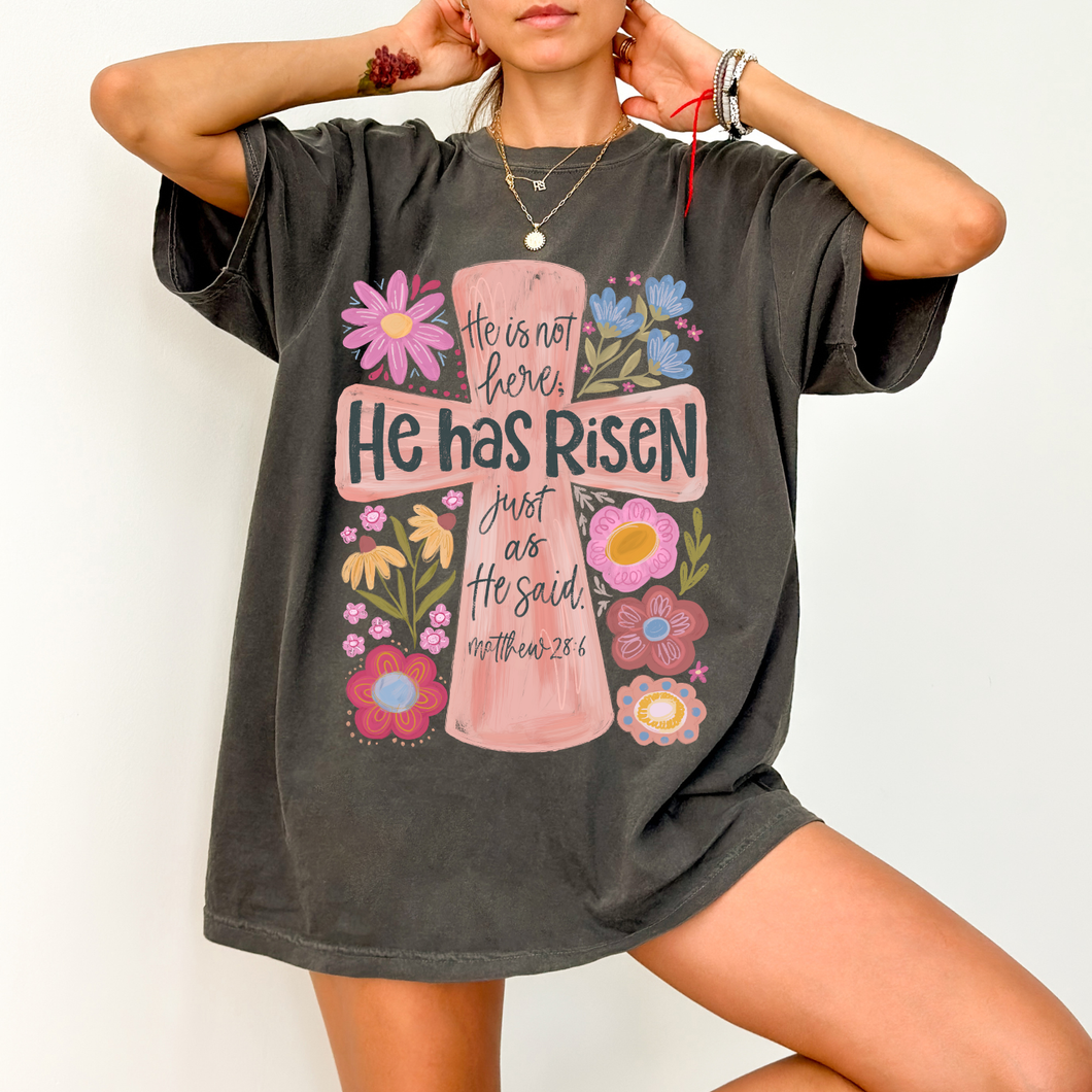 He Has Risen Floral Cross Comfort Colors® T-Shirt | Christian Graphic Tee