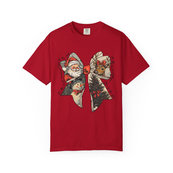 Comfort Colors Christmas Bow Unisex Tee | Vintage Santa Snowman Reindeer Shirt