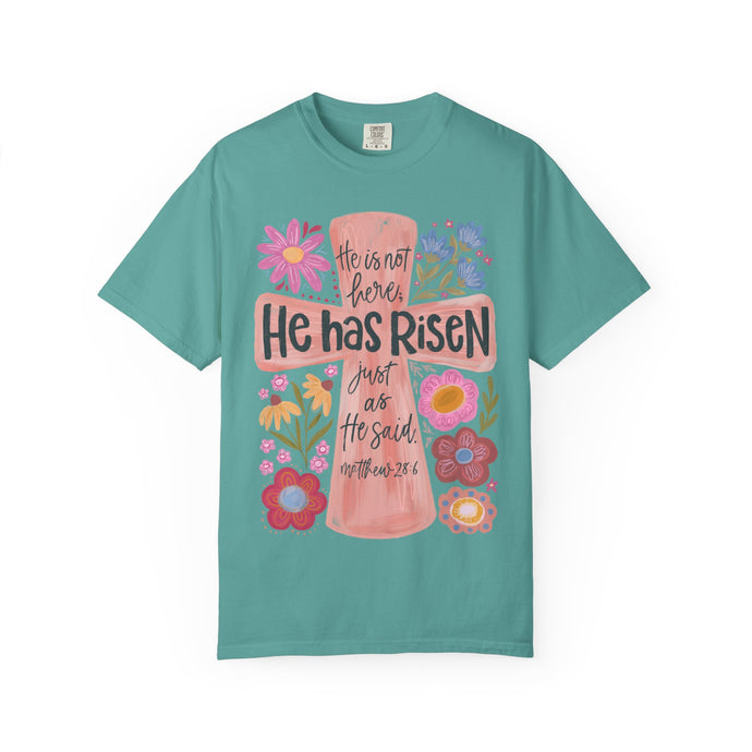 He Has Risen Floral Cross Comfort Colors® T-Shirt | Christian Graphic Tee