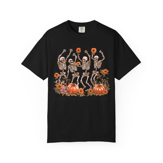 Dancing Skeletons Fall Shirt | Halloween Pumpkin Sunflower Comfort Colors Tee | Retro Skeleton Autumn Shirt