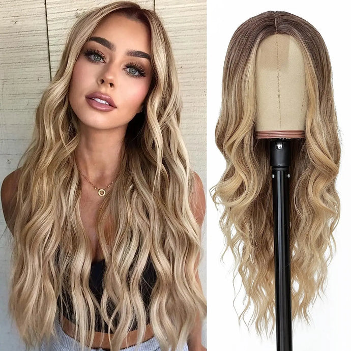 Long Wavy Curly Hair Wig – Natural Middle Part, 26+ Inc