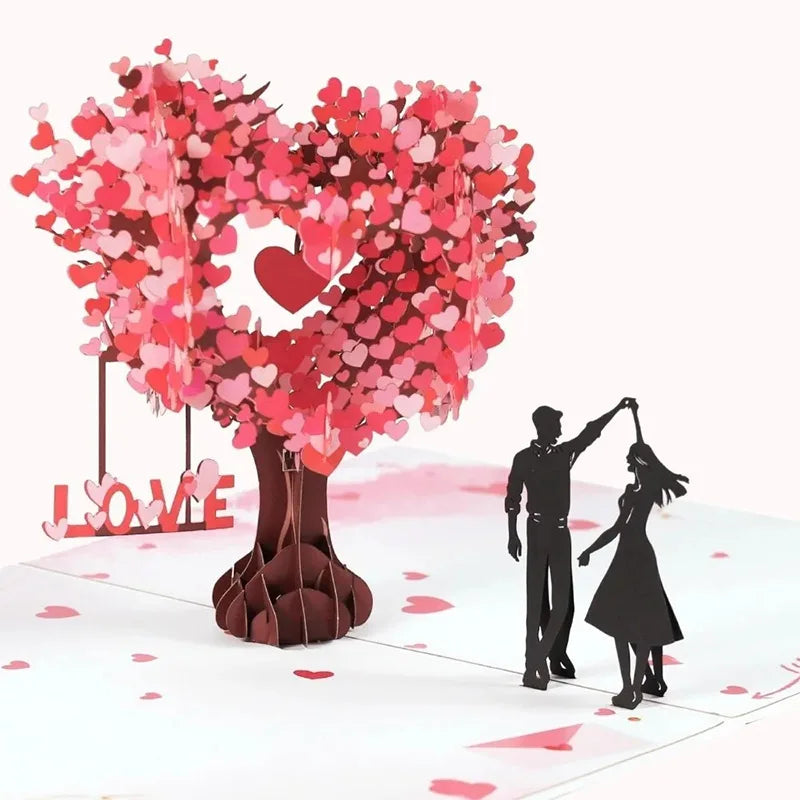 3D Pop-Up Love Tree Postcard – Dancing Under Heart-Shaped Romantic Greeting Card