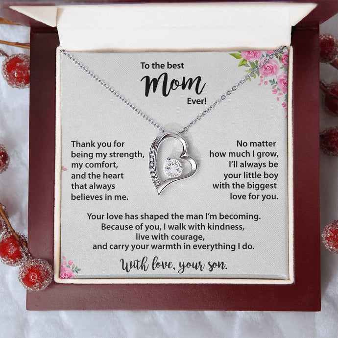 Best Mom, from Son, Heart Necklace, Gold & Cubic Zirconia