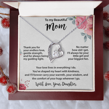 Mom Gold Heart Necklace from Daughter - Cubic Zirconia Mother's Day Gift with Peach Floral Card