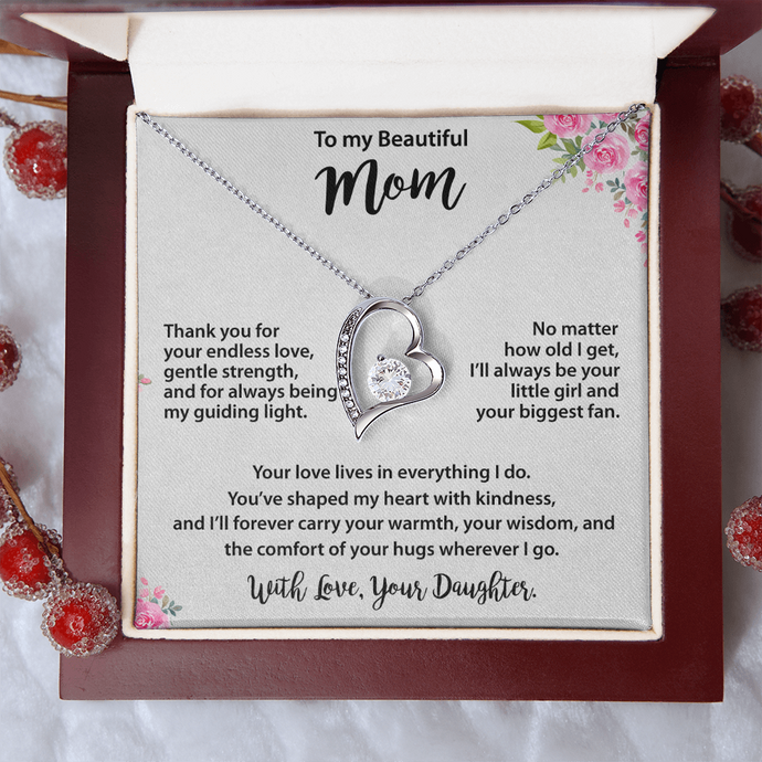 Mom Gold Heart Necklace from Daughter - Cubic Zirconia Mother's Day Gift with Pink Floral Card