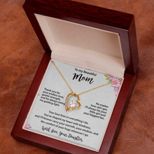 Mom Gold Heart Necklace from Daughter - Cubic Zirconia Mother's Day Gift with Pink Floral Card