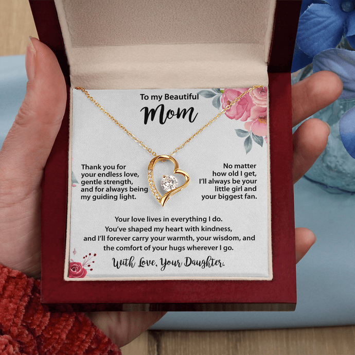 Mom Gold Heart Necklace from Daughter - Cubic Zirconia Mother's Day Gift with Peach Floral Card
