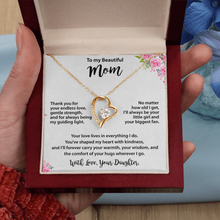 Mom Gold Heart Necklace from Daughter - Cubic Zirconia Mother's Day Gift with Pink Floral Card