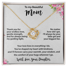 Mom Gold Love Knot Necklace from Daughter - Cubic Zirconia Mother's Day Gift with Pink Floral Card