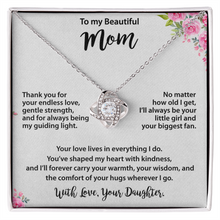 Mom Gold Love Knot Necklace from Daughter - Cubic Zirconia Mother's Day Gift with Pink Floral Card