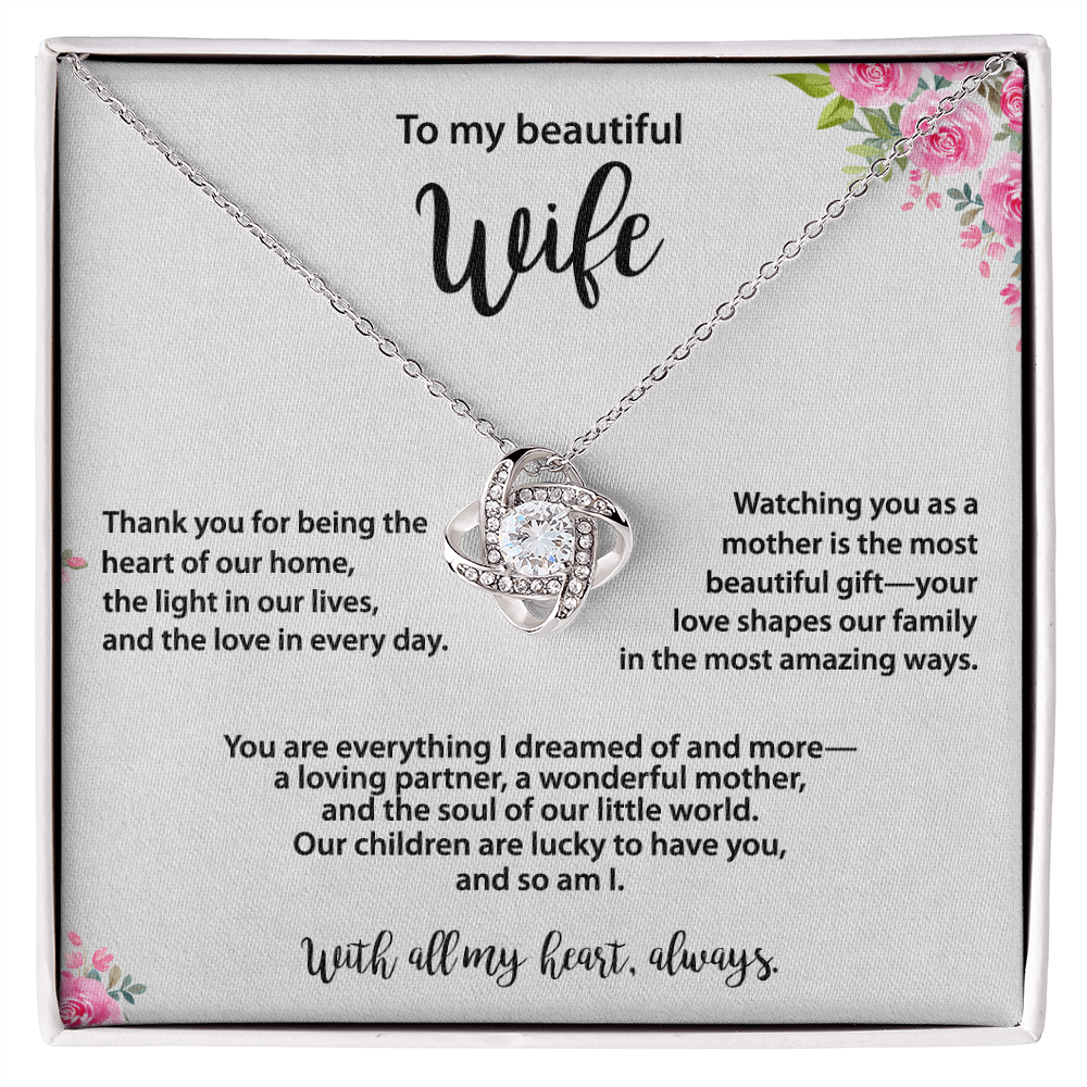 Beautiful Wife, Love Knot Necklace, Gold & Cubic Zirconia, Mother's Day gift From Husband