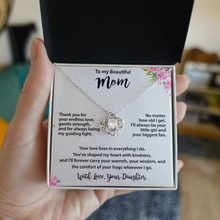 Mom Gold Love Knot Necklace from Daughter - Cubic Zirconia Mother's Day Gift with Pink Floral Card