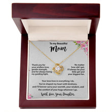 Mom Gold Love Knot Necklace from Daughter - Cubic Zirconia Mother's Day Gift with Pink Floral Card