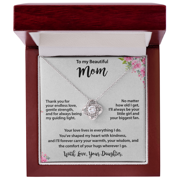 Mom Gold Love Knot Necklace from Daughter - Cubic Zirconia Mother's Day Gift with Pink Floral Card