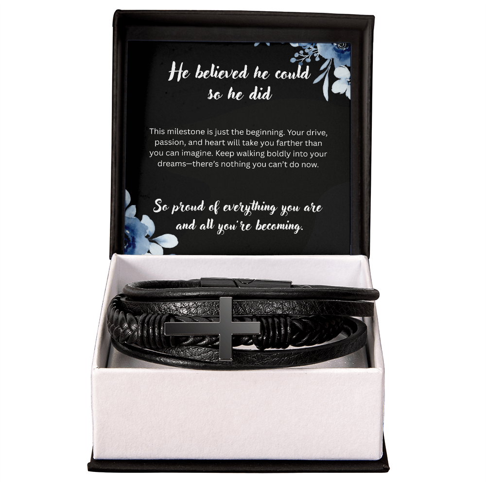 Men's Cross Leather Bracelet - Graduation Gift