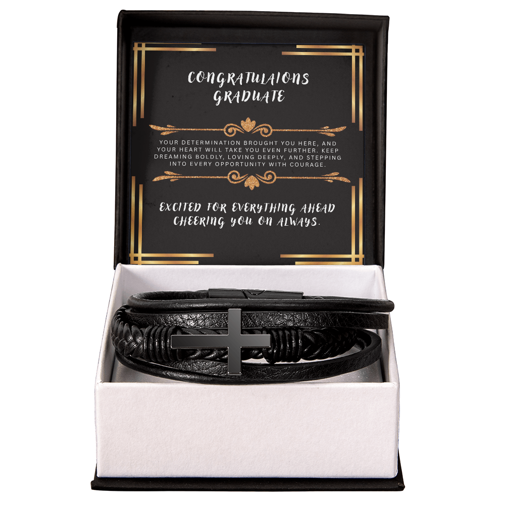 Men's Cross Leather Bracelet - Graduation Gift for Him