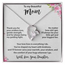 Mom Gold Heart Necklace from Daughter - Cubic Zirconia Mother's Day Gift with Pink Floral Card