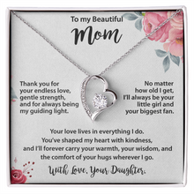 Mom Gold Heart Necklace from Daughter - Cubic Zirconia Mother's Day Gift with Peach Floral Card