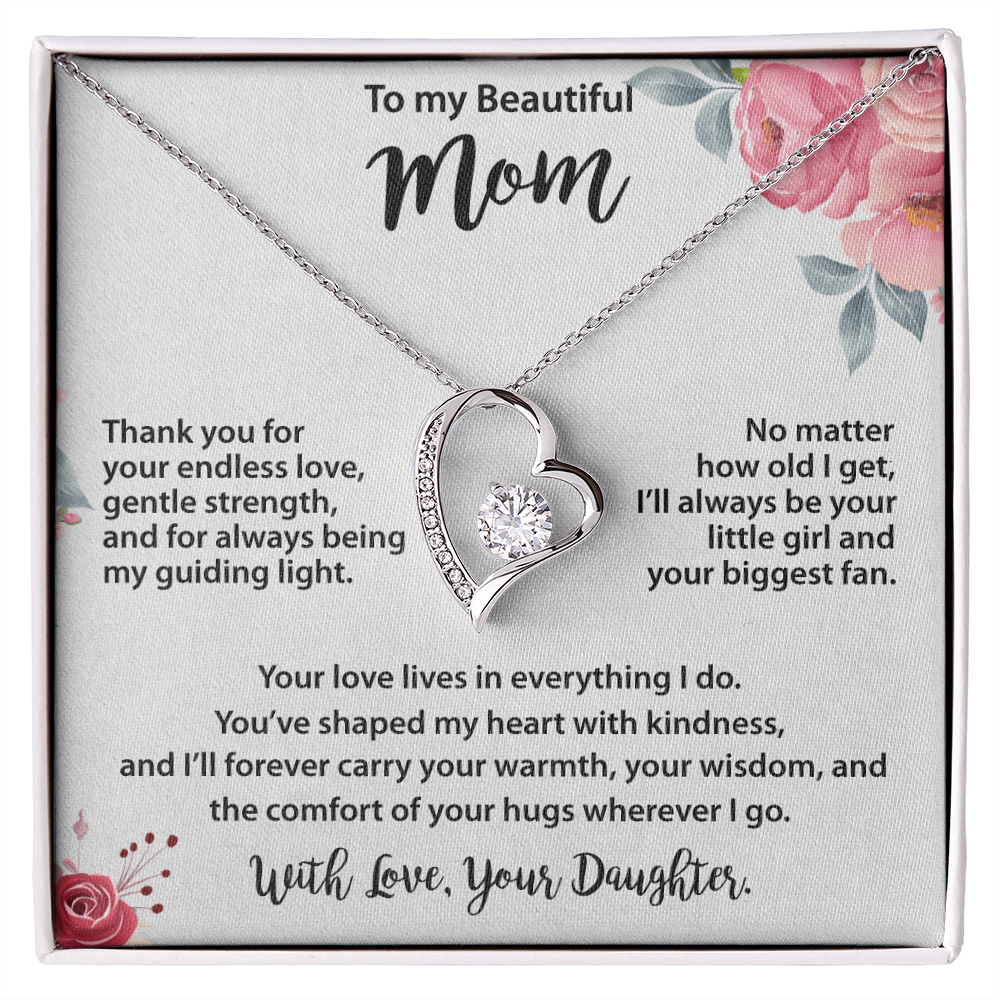 Mom Gold Heart Necklace from Daughter - Cubic Zirconia Mother's Day Gift with Peach Floral Card