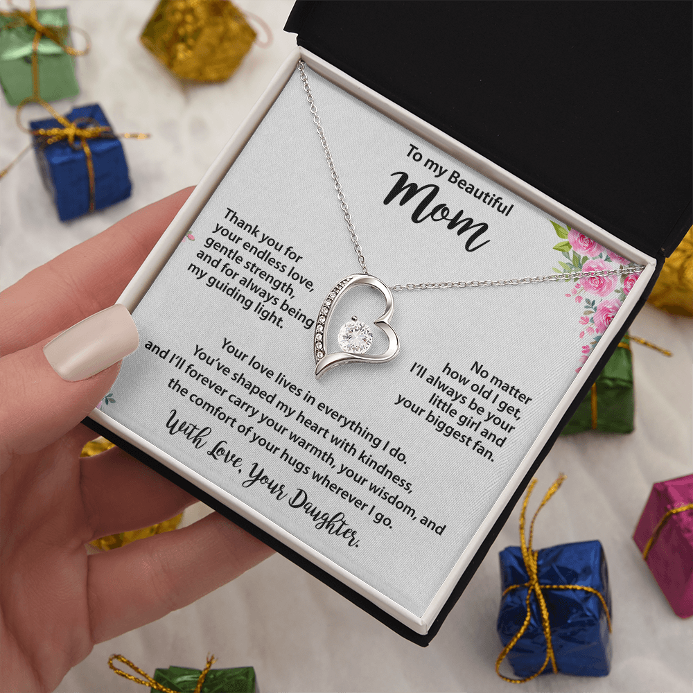 Mom Gold Heart Necklace from Daughter - Cubic Zirconia Mother's Day Gift with Pink Floral Card
