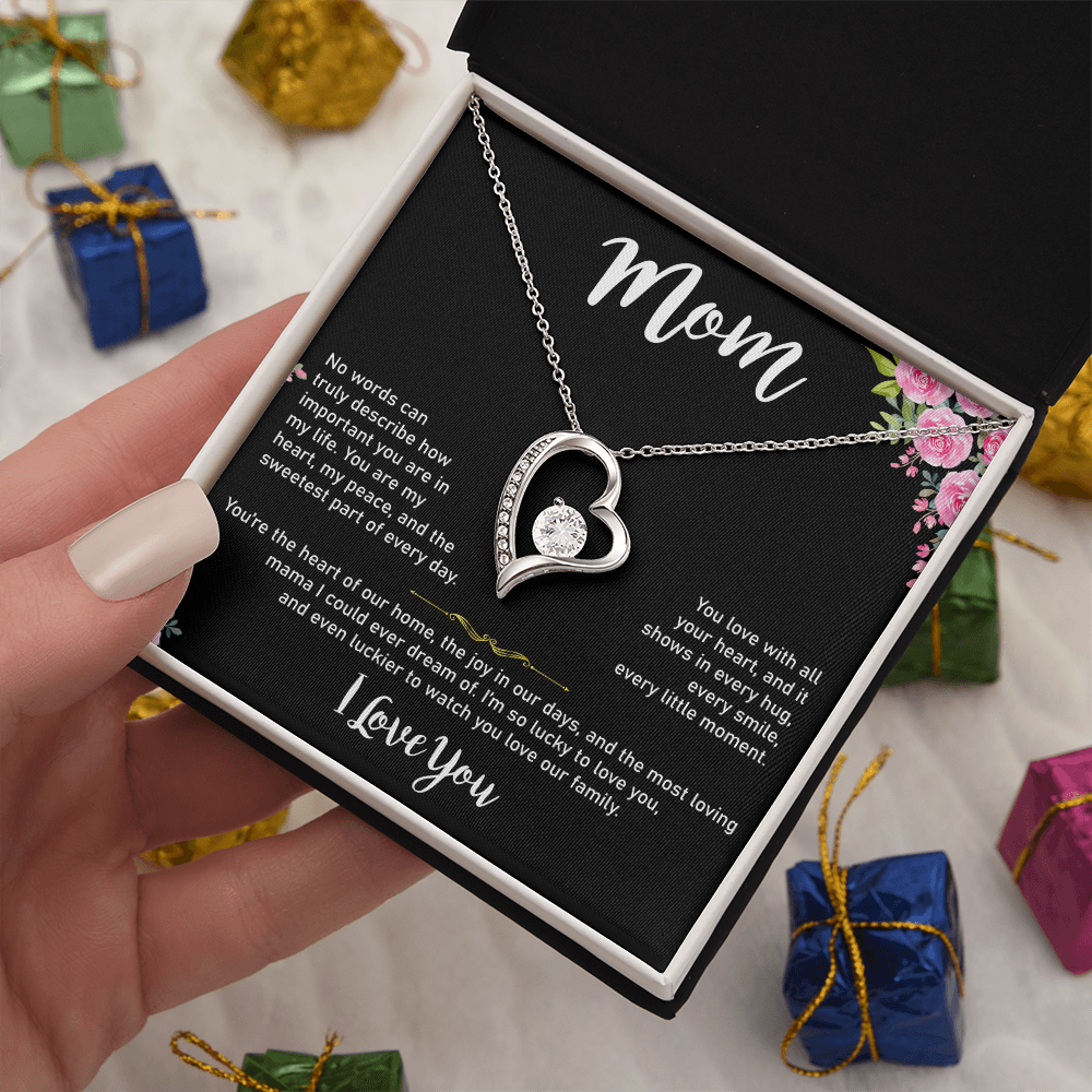 Mom Heart Necklace, Gold & Cubic Zirconia, Gift for Mother's Day