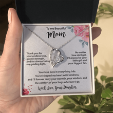 Mom Gold Heart Necklace from Daughter - Cubic Zirconia Mother's Day Gift with Peach Floral Card