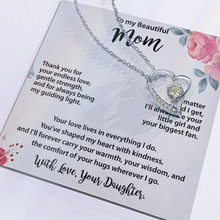 Mom Gold Heart Necklace from Daughter - Cubic Zirconia Mother's Day Gift with Peach Floral Card