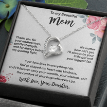 Mom Gold Heart Necklace from Daughter - Cubic Zirconia Mother's Day Gift with Peach Floral Card