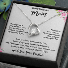 Mom Gold Heart Necklace from Daughter - Cubic Zirconia Mother's Day Gift with Pink Floral Card