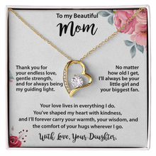 Mom Gold Heart Necklace from Daughter - Cubic Zirconia Mother's Day Gift with Peach Floral Card