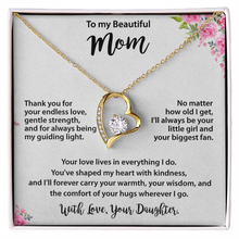Mom Gold Heart Necklace from Daughter - Cubic Zirconia Mother's Day Gift with Pink Floral Card