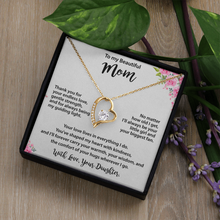 Mom Gold Heart Necklace from Daughter - Cubic Zirconia Mother's Day Gift with Pink Floral Card