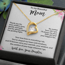 Mom Gold Heart Necklace from Daughter - Cubic Zirconia Mother's Day Gift with Pink Floral Card