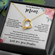 Mom Gold Heart Necklace from Daughter - Cubic Zirconia Mother's Day Gift with Peach Floral Card