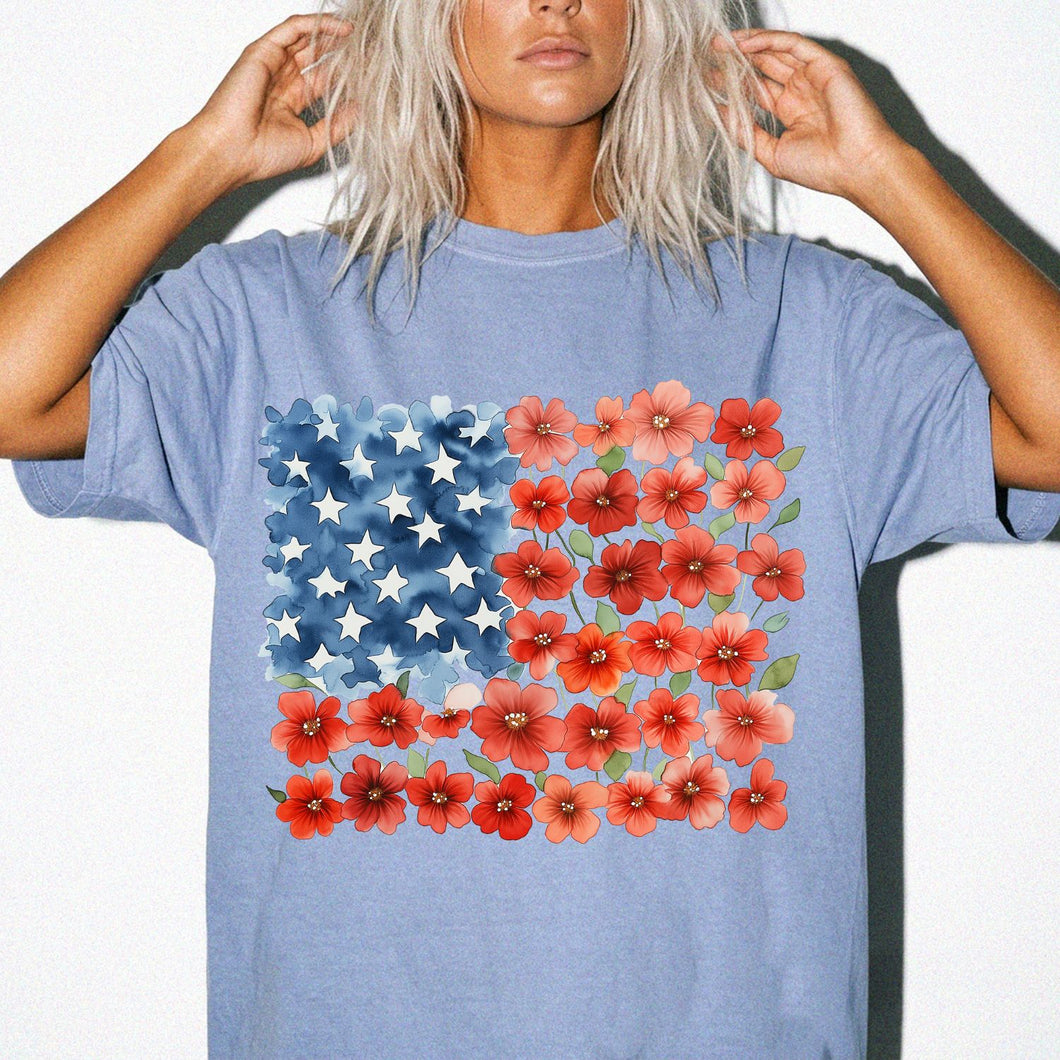 American Flag Floral T-Shirt — Comfort Colors® Flower USA Flag Tee