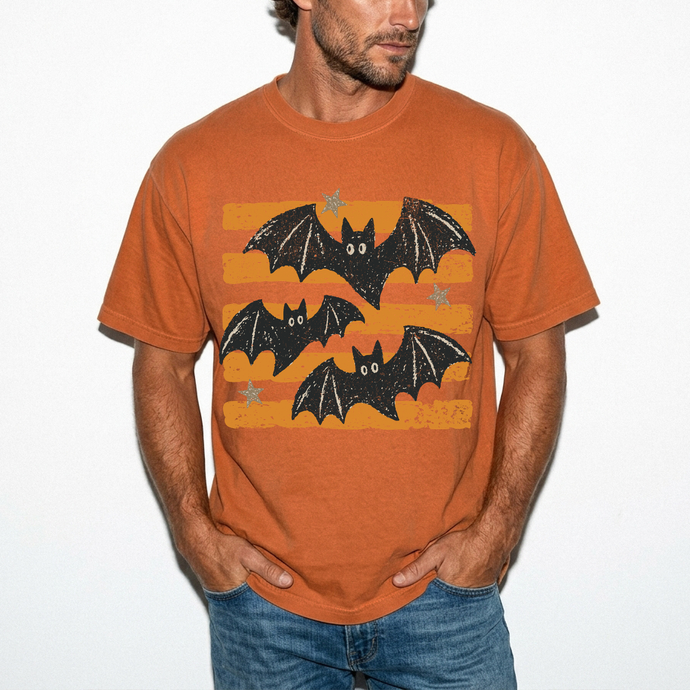 Halloween Bats Shirt, Retro Bat Tee, Unisex Comfort Colors Fall Graphic T-Shirt - Orange Stripes