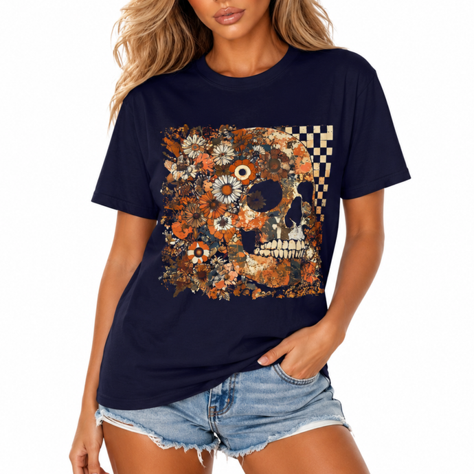 Floral Skull Shirt | Retro Groovy Checkered Comfort Colors Tee | Vintage Skull Flower Unisex T-Shirt